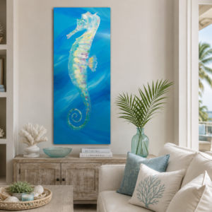 "Dancing Current", Seahorse Acrylic Painting, 24"x 48"